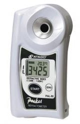 The PAL-RI pocket refractometer device by ATAGO, featuring a white plastic body, a digital LCD screen showing 34.25, and a black front panel with buttons.